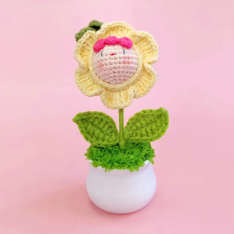 Flowers Artificial Crochet Flower Pot Home Ornaments Knit Flowers Brooch