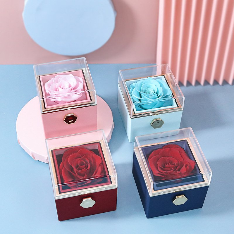 Rotating Valentine's Day Preserved Soap Flower Rose Ring Necklace Packaging Jewelry Gift Box for Present