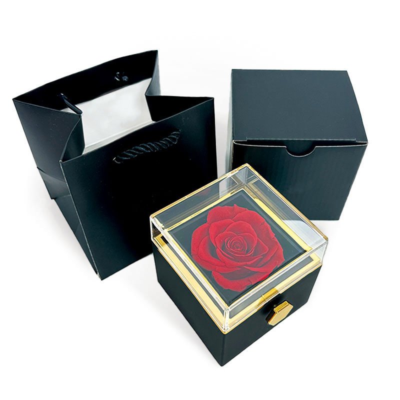 Rotating Valentine's Day Preserved Soap Flower Rose Ring Necklace Packaging Jewelry Gift Box for Present