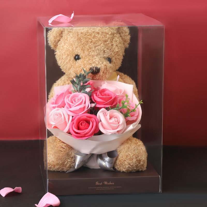 Beautiful soap rose flower bouquet with teddy bear in PVC gift box for Lover's birthday Valentine's day