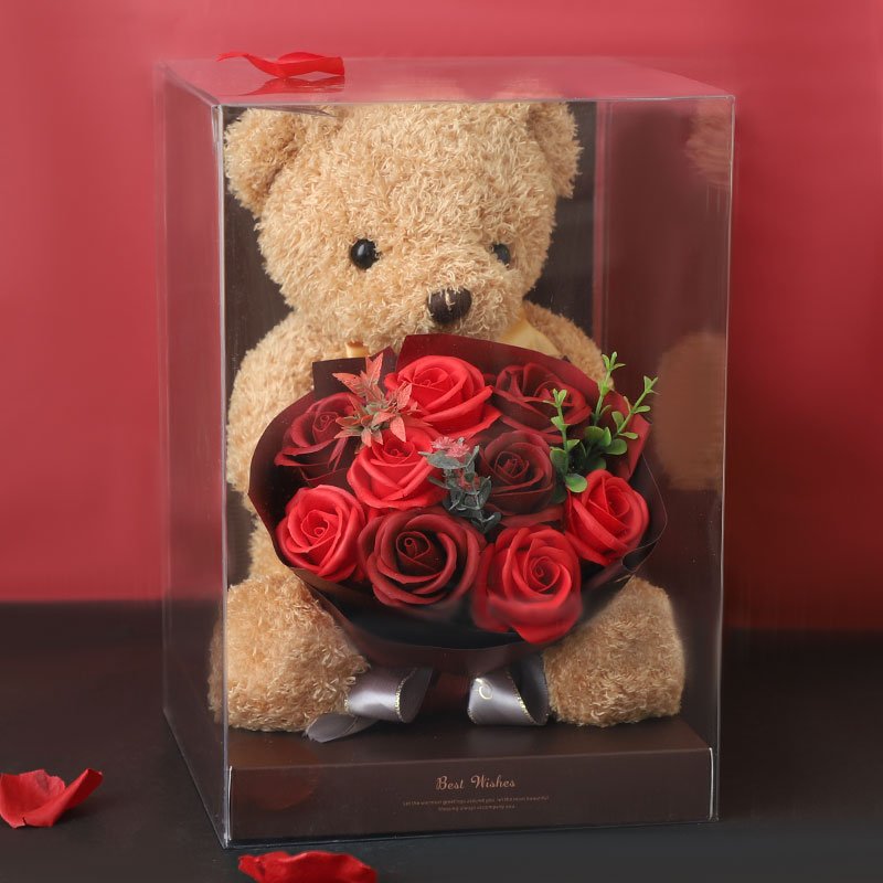 Beautiful soap rose flower bouquet with teddy bear in PVC gift box for Lover's birthday Valentine's day