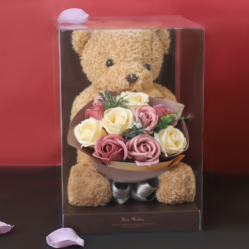 Beautiful soap rose flower bouquet with teddy bear in PVC gift box for Lover's birthday Valentine's day