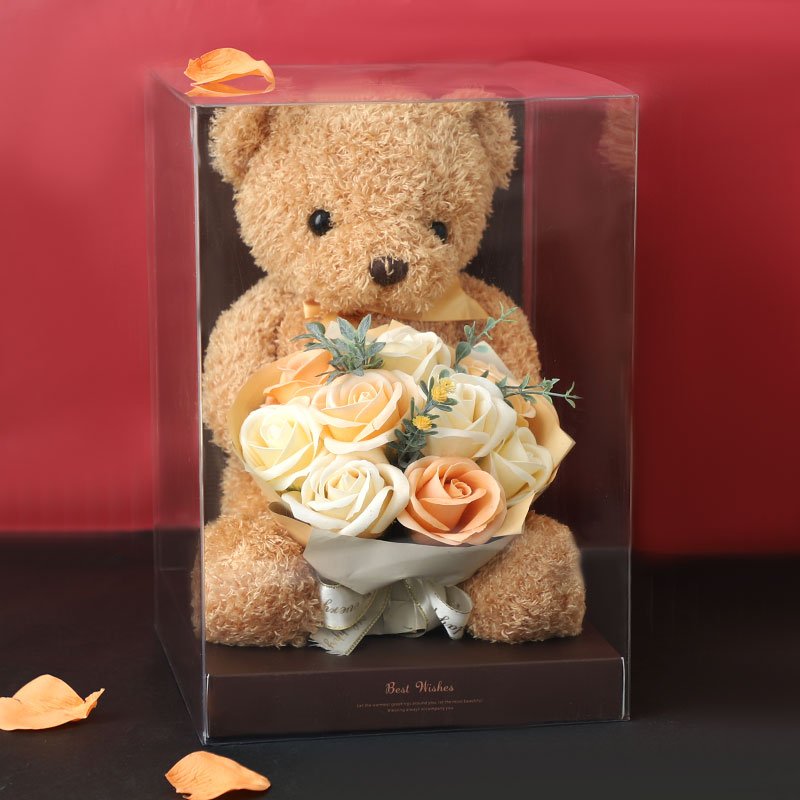 Beautiful soap rose flower bouquet with teddy bear in PVC gift box for Lover's birthday Valentine's day