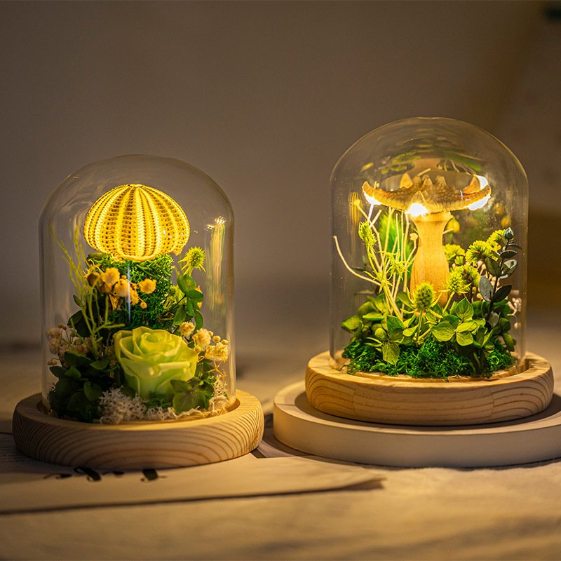 Wholesale Forever Roses & Sea Urchins Shell Night Light Lamp For Bedside Table Decor Preserved Flower Plants In Glass Lampshade