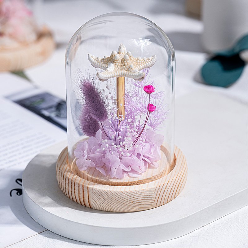 Wholesale Forever Roses & Sea Urchins Shell Night Light Lamp For Bedside Table Decor Preserved Flower Plants In Glass Lampshade