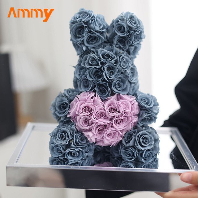 AM-PFE53A Ammy Preserved roses small teddy Bear Acrylic gift box Eternal flower Mirror rose Love rabbit home decor accessories