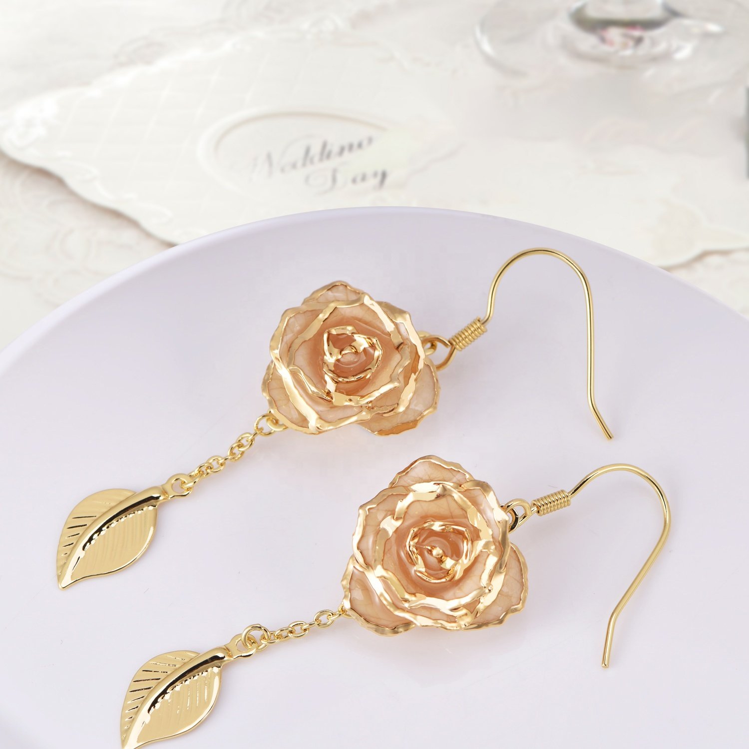 rose earrings 24k gold dipped roses gifts Valentine day holiday everlasting flowers