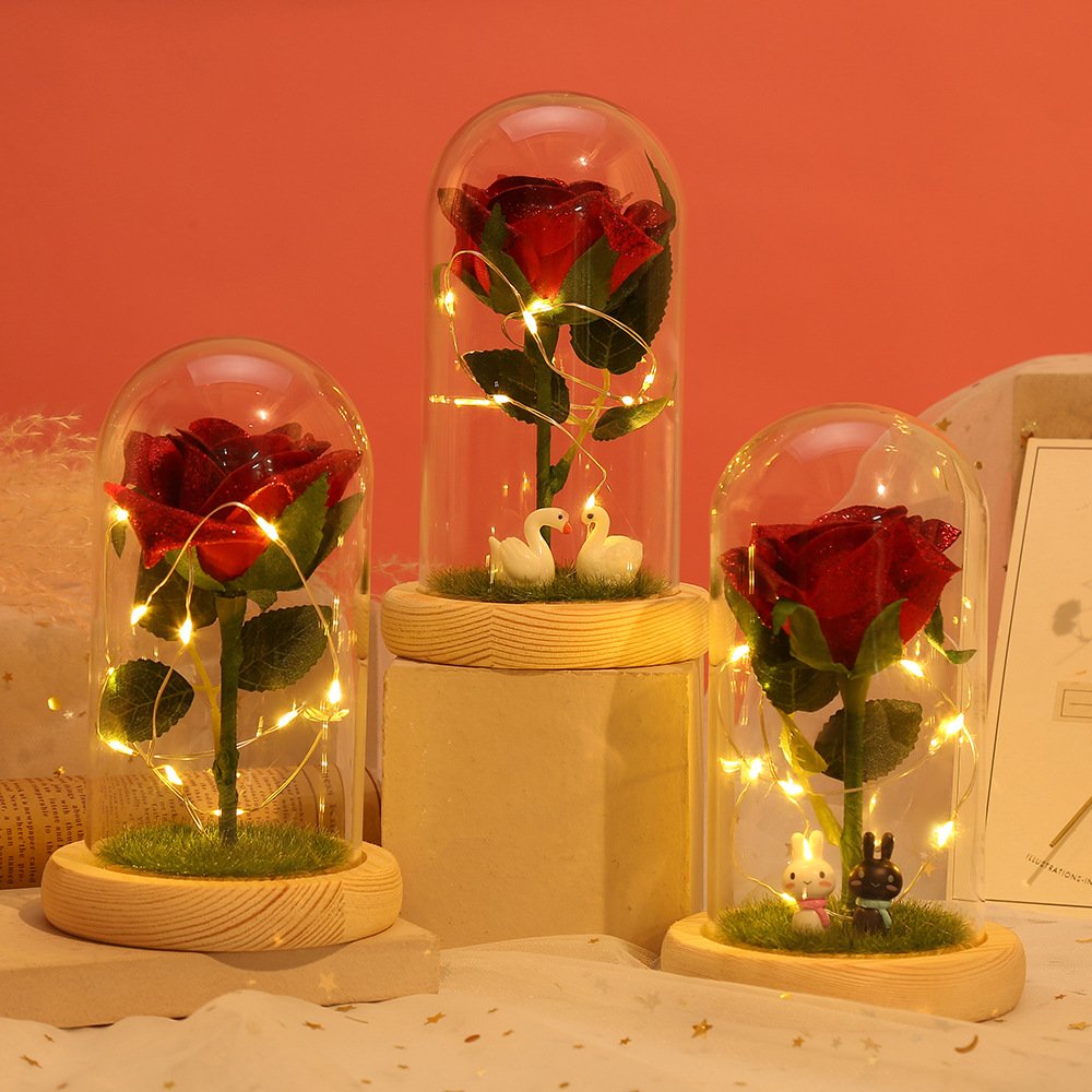 Glass Silk Flower Artificial Flower Perpetual Rose LED Light Decorative Objects