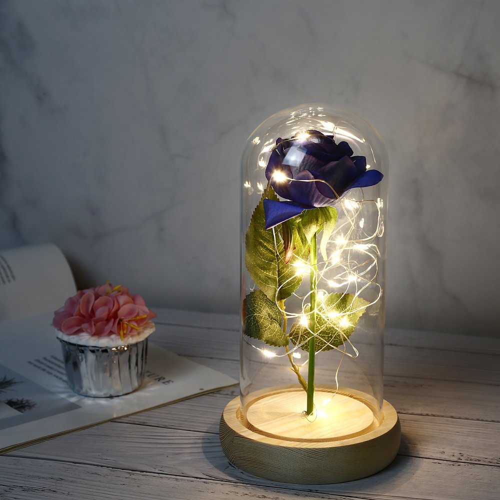 mothers day birthday gifts galaxy enchanted red rose silk rose under glass dome with Led light home office decor