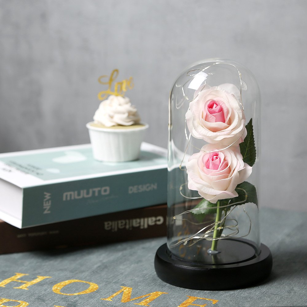 mothers day birthday gifts galaxy enchanted red rose silk rose under glass dome with Led light home office decor