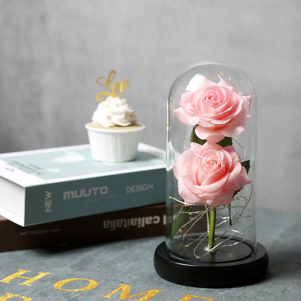 mothers day birthday gifts galaxy enchanted red rose silk rose under glass dome with Led light home office decor