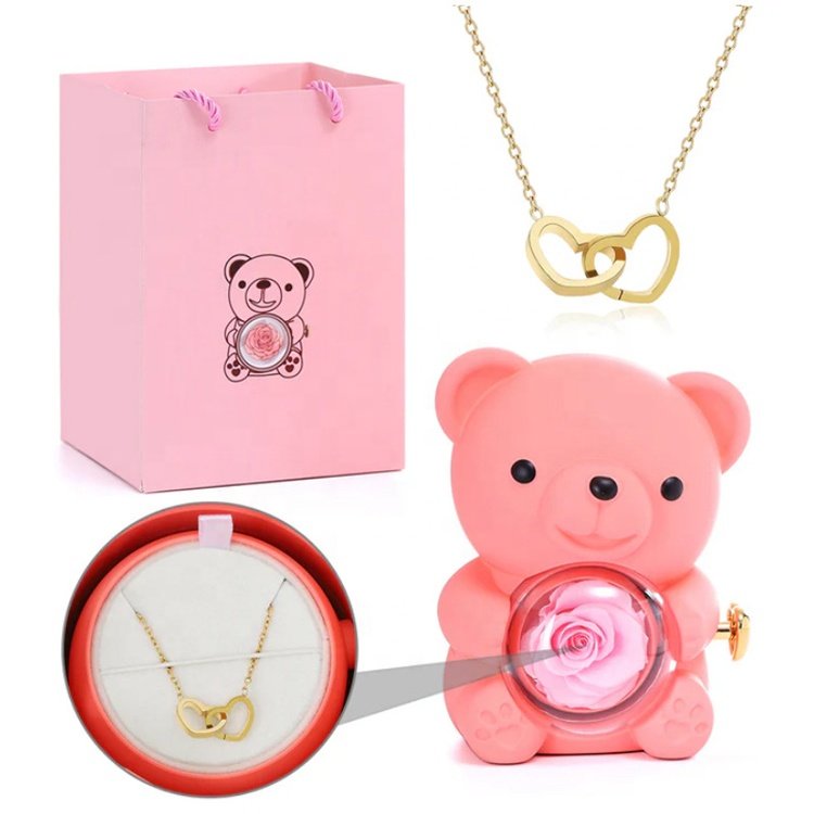 Valentine's day gift 2025 preserved cute bear rotating bear jewelry box with necklace