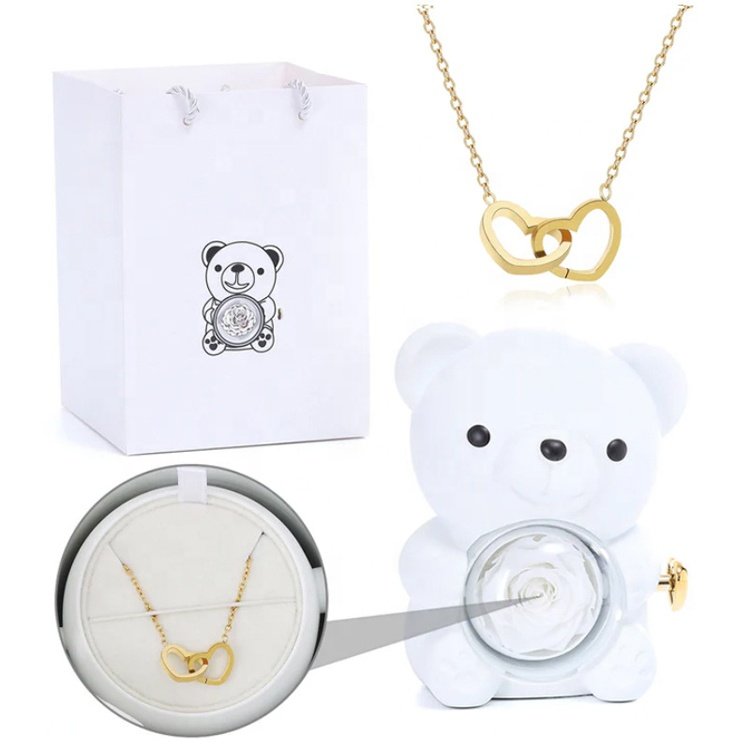 Valentine's day gift 2025 preserved cute bear rotating bear jewelry box with necklace
