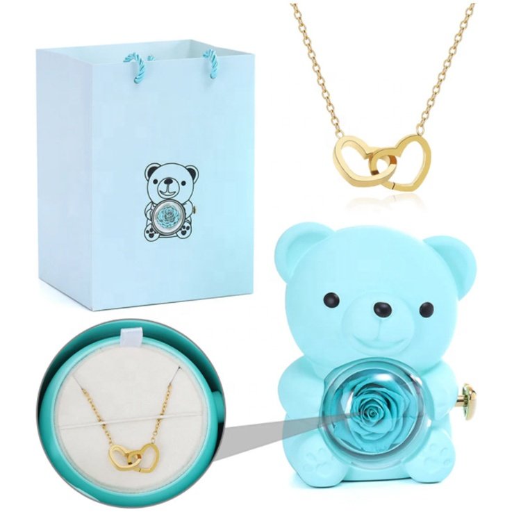 Valentine's day gift 2025 preserved cute bear rotating bear jewelry box with necklace