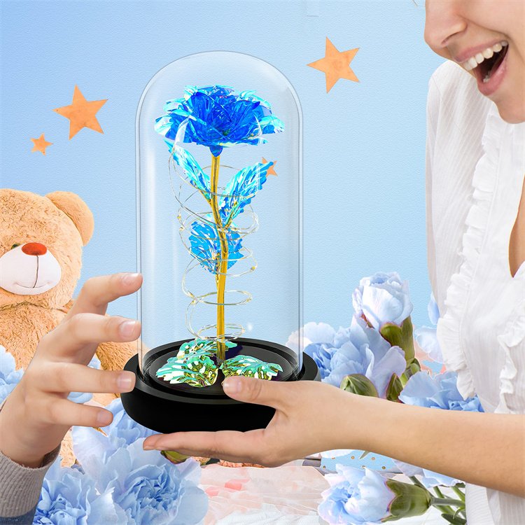 Luxury Christmas Eternal Rose Preserved Flower Valentine's Day Preserved Rose In Glass Gold Foil Flower With Light