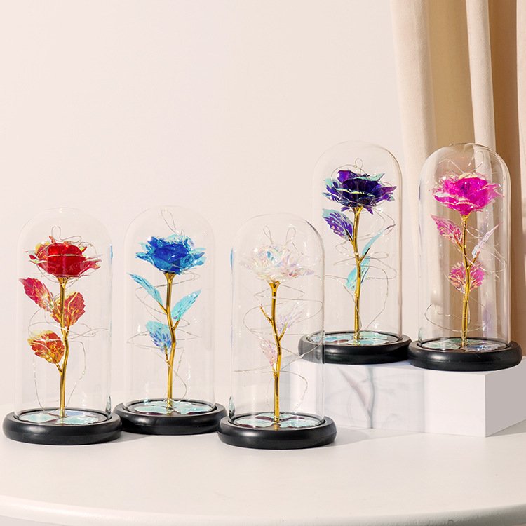 Luxury Christmas Eternal Rose Preserved Flower Valentine's Day Preserved Rose In Glass Gold Foil Flower With Light