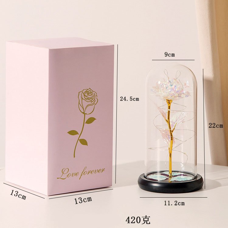 Luxury Christmas Eternal Rose Preserved Flower Valentine's Day Preserved Rose In Glass Gold Foil Flower With Light