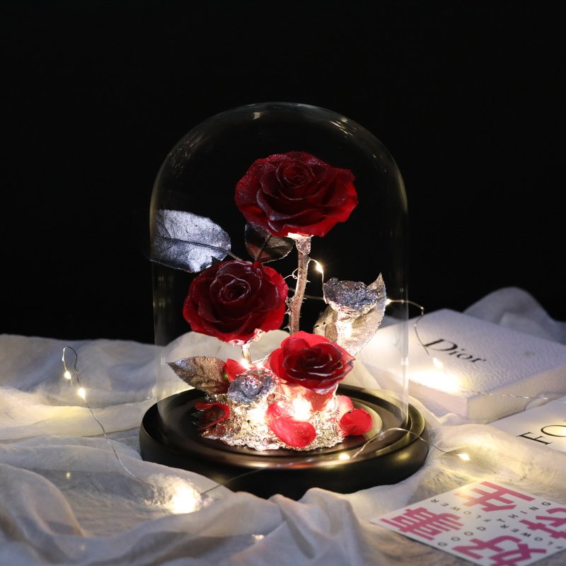 Mothers day gifts factory supply natural flower gift box eternal rose preserved flowers forever roses in glass dome Led