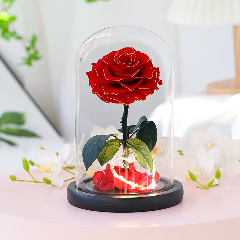 Mothers day gifts factory supply natural flower gift box eternal rose preserved flowers forever roses in glass dome Led