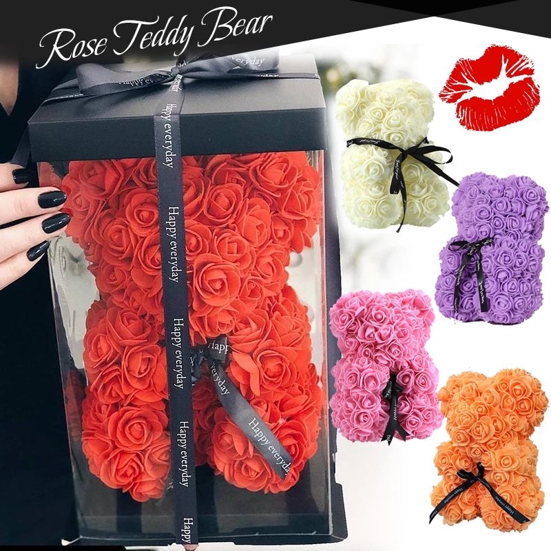 DIY 25 cm Teddy Rose Bear With Box Artificial PE Flower Bear Valentine's Day For Girlfriend Party Supplies Mother's Day Gif