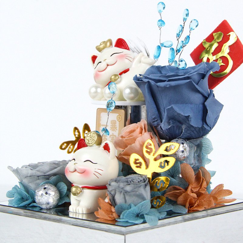 Wholesale Preserved flowers Fortune cat Maneki-neko mascot Holiday Gift box Everlasting Eternal Forever Immortal flowers