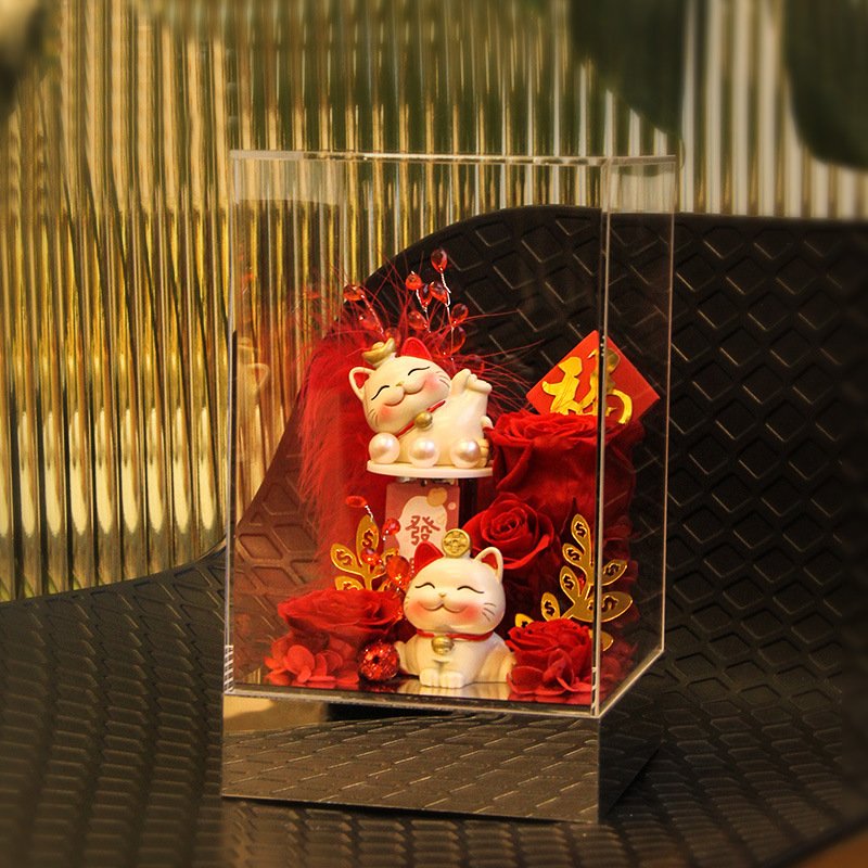 Wholesale Preserved flowers Fortune cat Maneki-neko mascot Holiday Gift box Everlasting Eternal Forever Immortal flowers