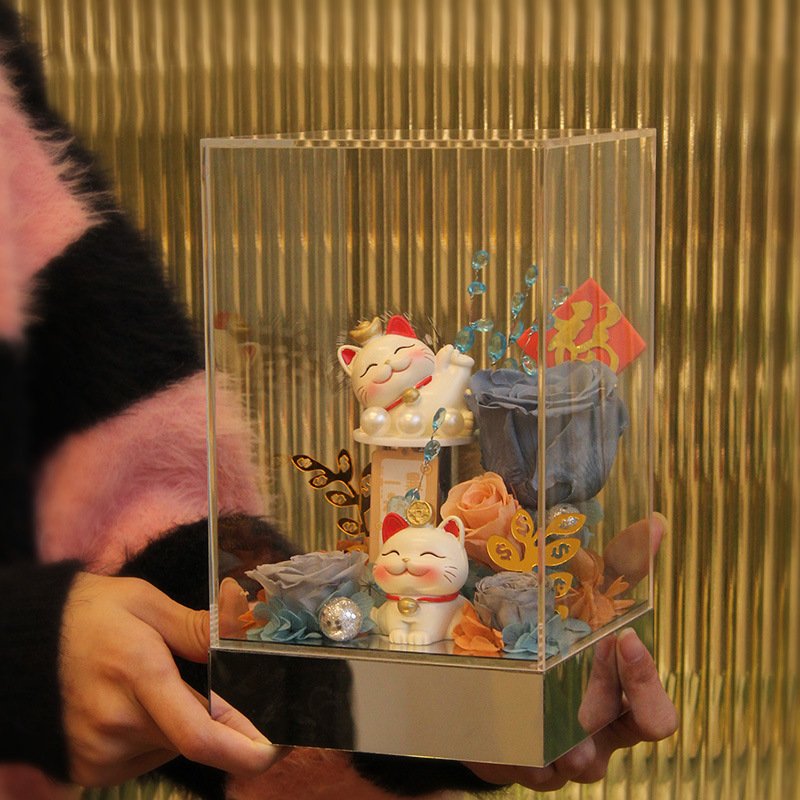 Wholesale Preserved flowers Fortune cat Maneki-neko mascot Holiday Gift box Everlasting Eternal Forever Immortal flowers