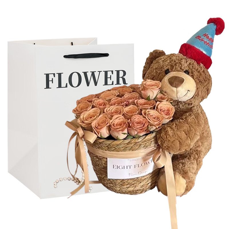 New trending artificial flower in basket with teddy bear colorful forever eternal rosas preservadas infinity preserved rose gift