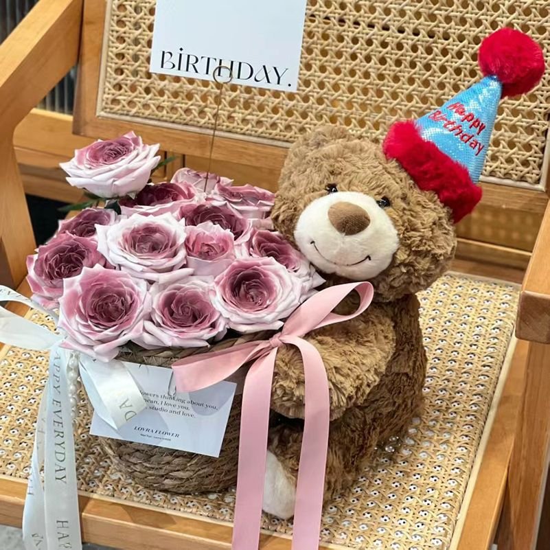 New trending artificial flower in basket with teddy bear colorful forever eternal rosas preservadas infinity preserved rose gift