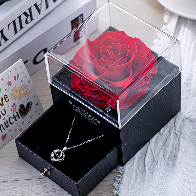 Single romantic rose with necklace drawer gift box preserved eternal flower surprise gift for girlfriend Christmas