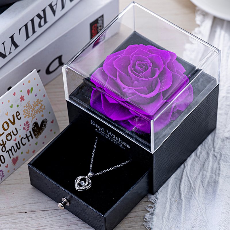 Single romantic rose with necklace drawer gift box preserved eternal flower surprise gift for girlfriend Christmas