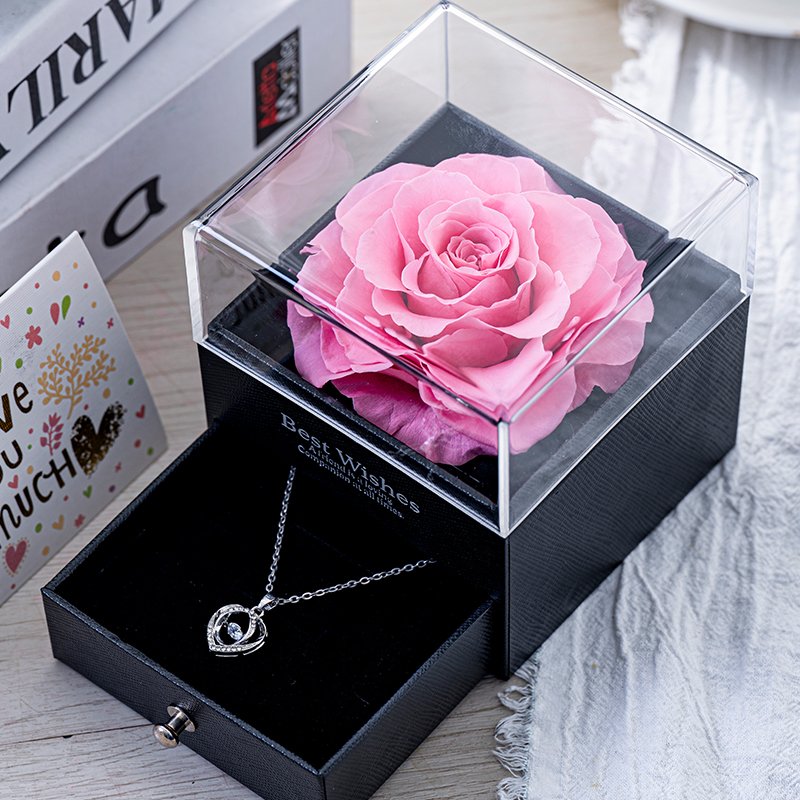 Single romantic rose with necklace drawer gift box preserved eternal flower surprise gift for girlfriend Christmas