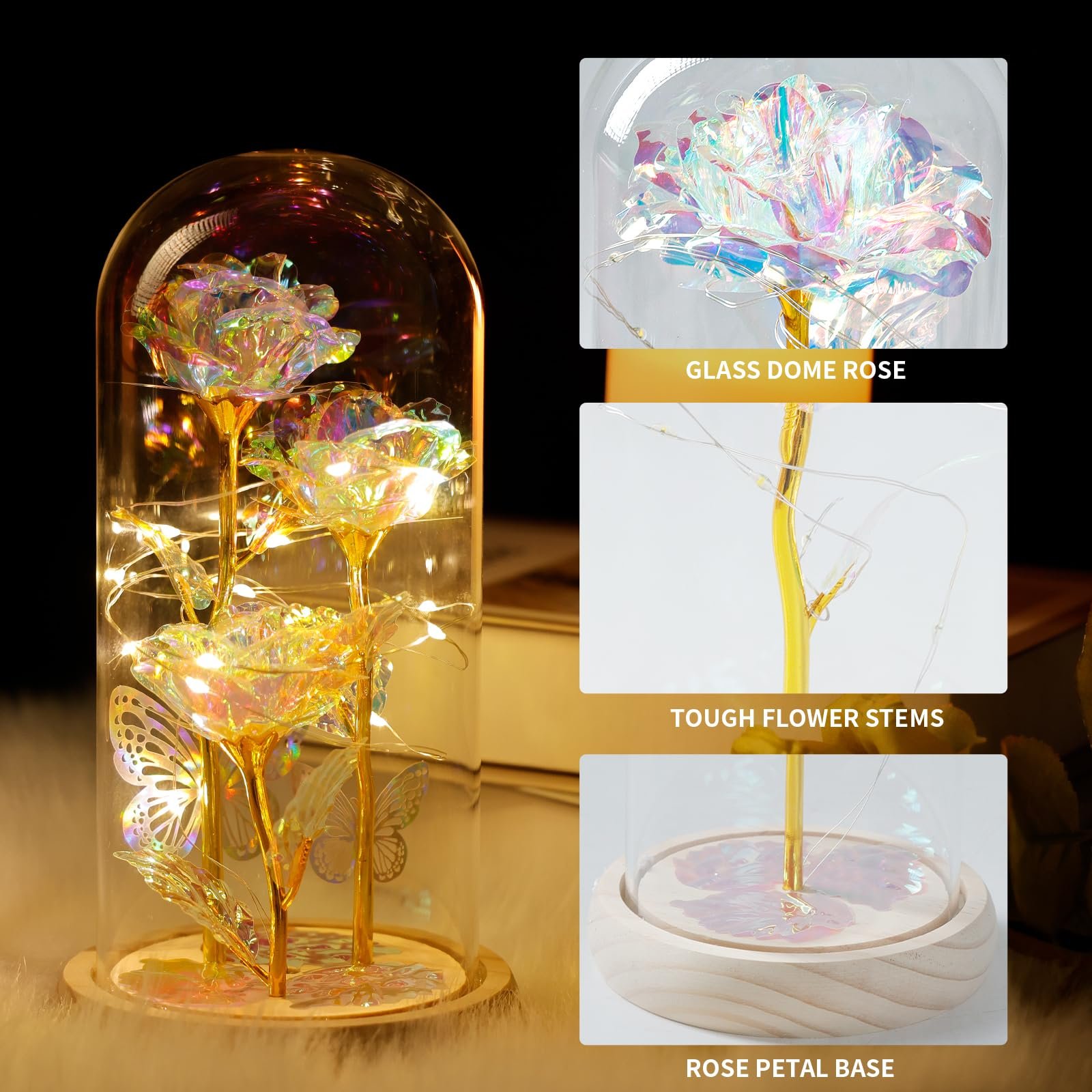 Light Up Galaxy Rose in Glass Dome White color Forever Rose Preserves Flowers for gift