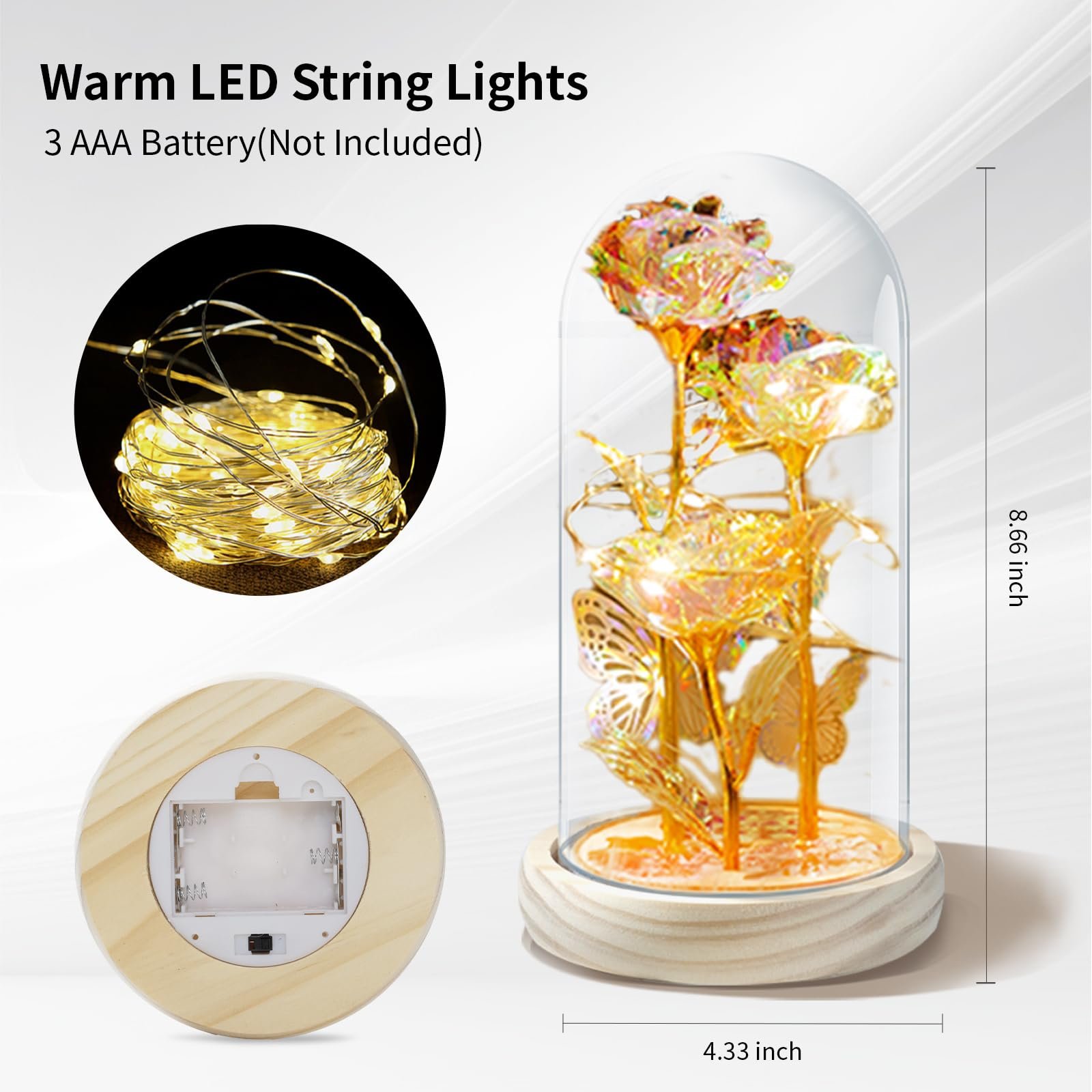 Light Up Galaxy Rose in Glass Dome White color Forever Rose Preserves Flowers for gift