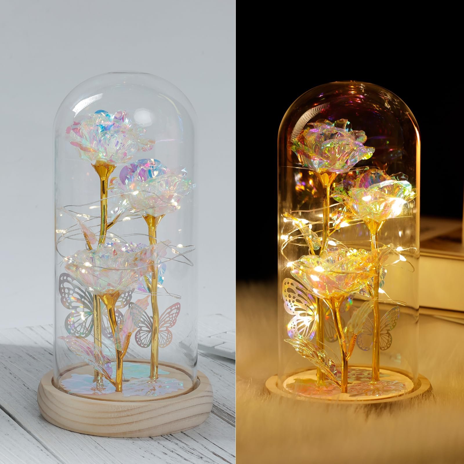 Light Up Galaxy Rose in Glass Dome White color Forever Rose Preserves Flowers for gift