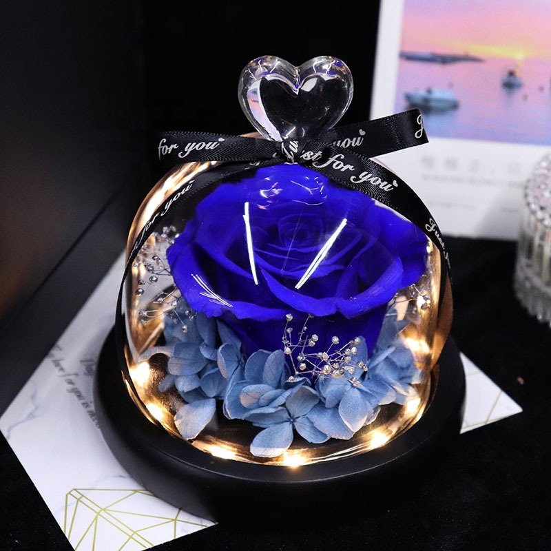 Short Eternal Preserved Flower LED Light Rose in Heart Shape Glass Dome for Valentine Mother's Day Decoration Proposal Gift Box