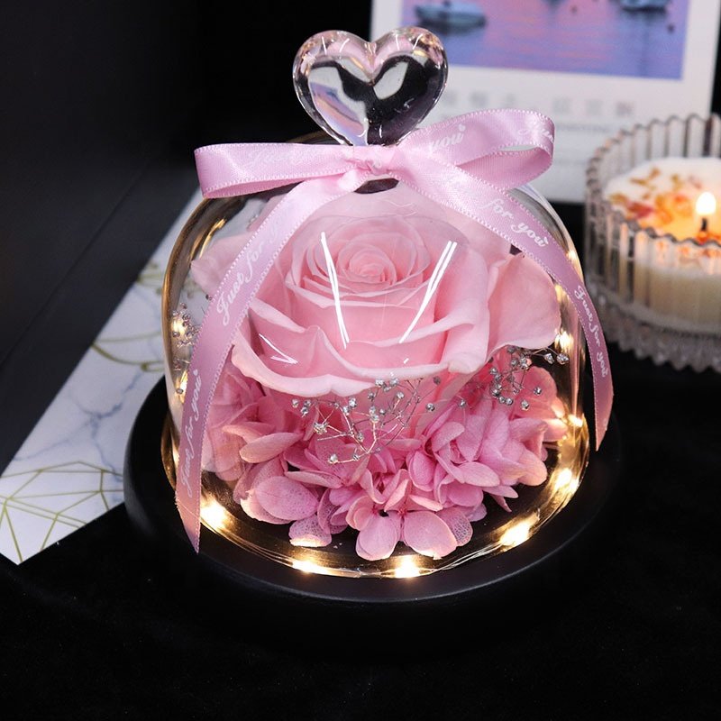 Short Eternal Preserved Flower LED Light Rose in Heart Shape Glass Dome for Valentine Mother's Day Decoration Proposal Gift Box