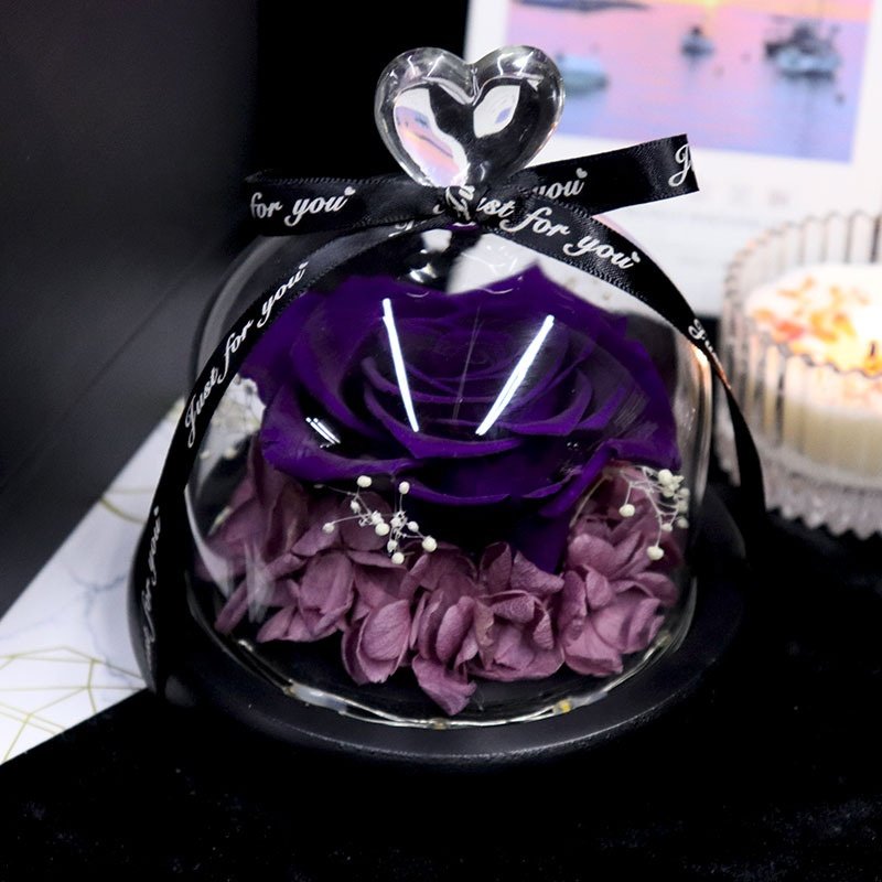 Short Eternal Preserved Flower LED Light Rose in Heart Shape Glass Dome for Valentine Mother's Day Decoration Proposal Gift Box