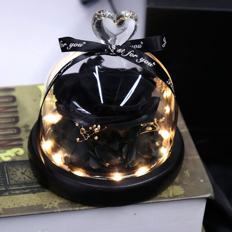 Short Eternal Preserved Flower LED Light Rose in Heart Shape Glass Dome for Valentine Mother's Day Decoration Proposal Gift Box