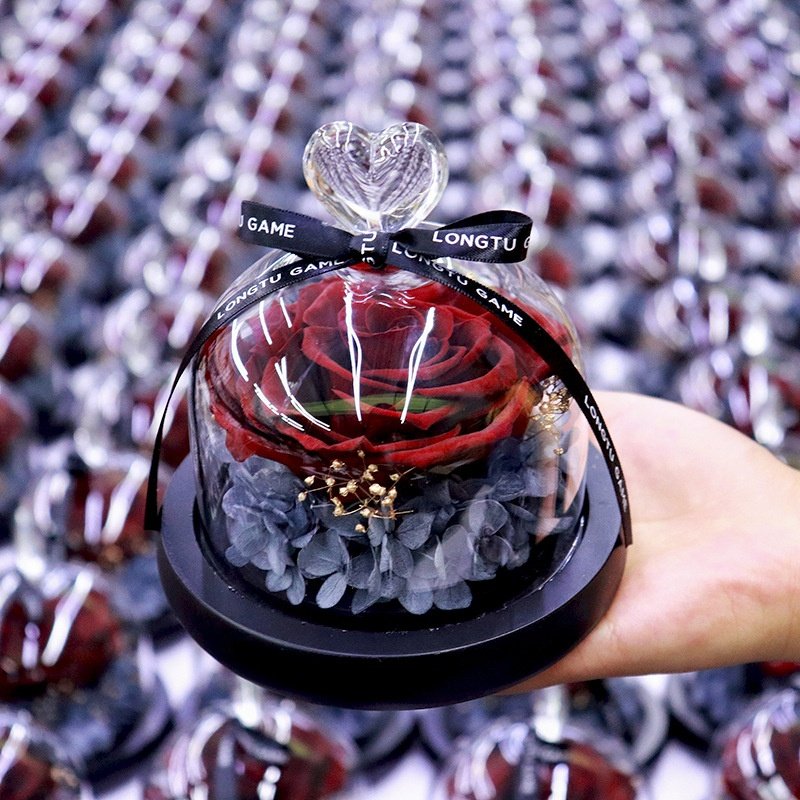 Short Eternal Preserved Flower LED Light Rose in Heart Shape Glass Dome for Valentine Mother's Day Decoration Proposal Gift Box
