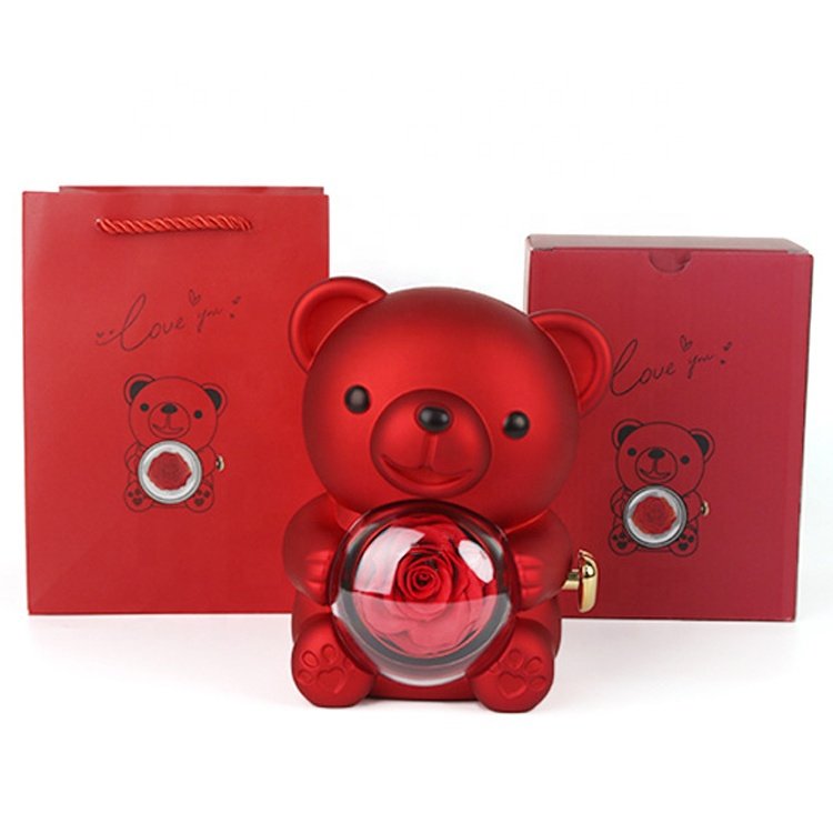 Gifts for Christmas Valentine Mother Day Preserved Real Rose Hugging Bear Acrylic Rotating for Ring Necklace