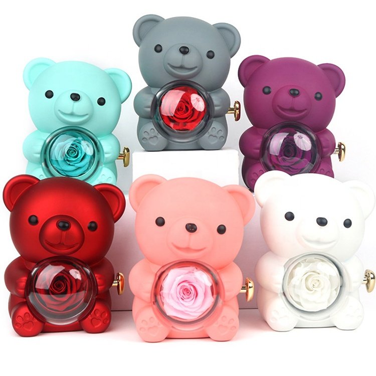 Gifts for Christmas Valentine Mother Day Preserved Real Rose Hugging Bear Acrylic Rotating for Ring Necklace