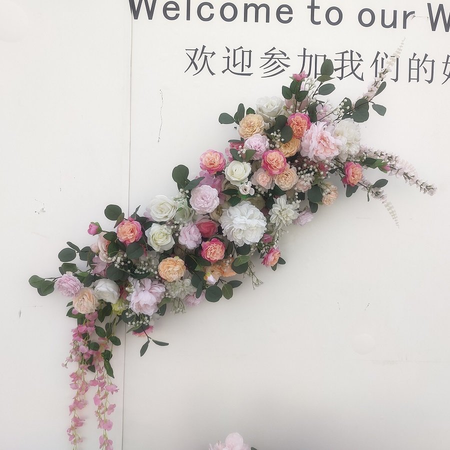 Customizable Wedding Flower Arrangement Pink Rose Flower Runner For Bride Table Decor