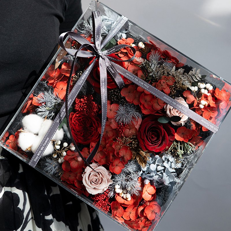 Eternal Love Series Acrylic Square Box Preserved Flower Ornaments For Wedding Decoration flowers Anniversary Gift