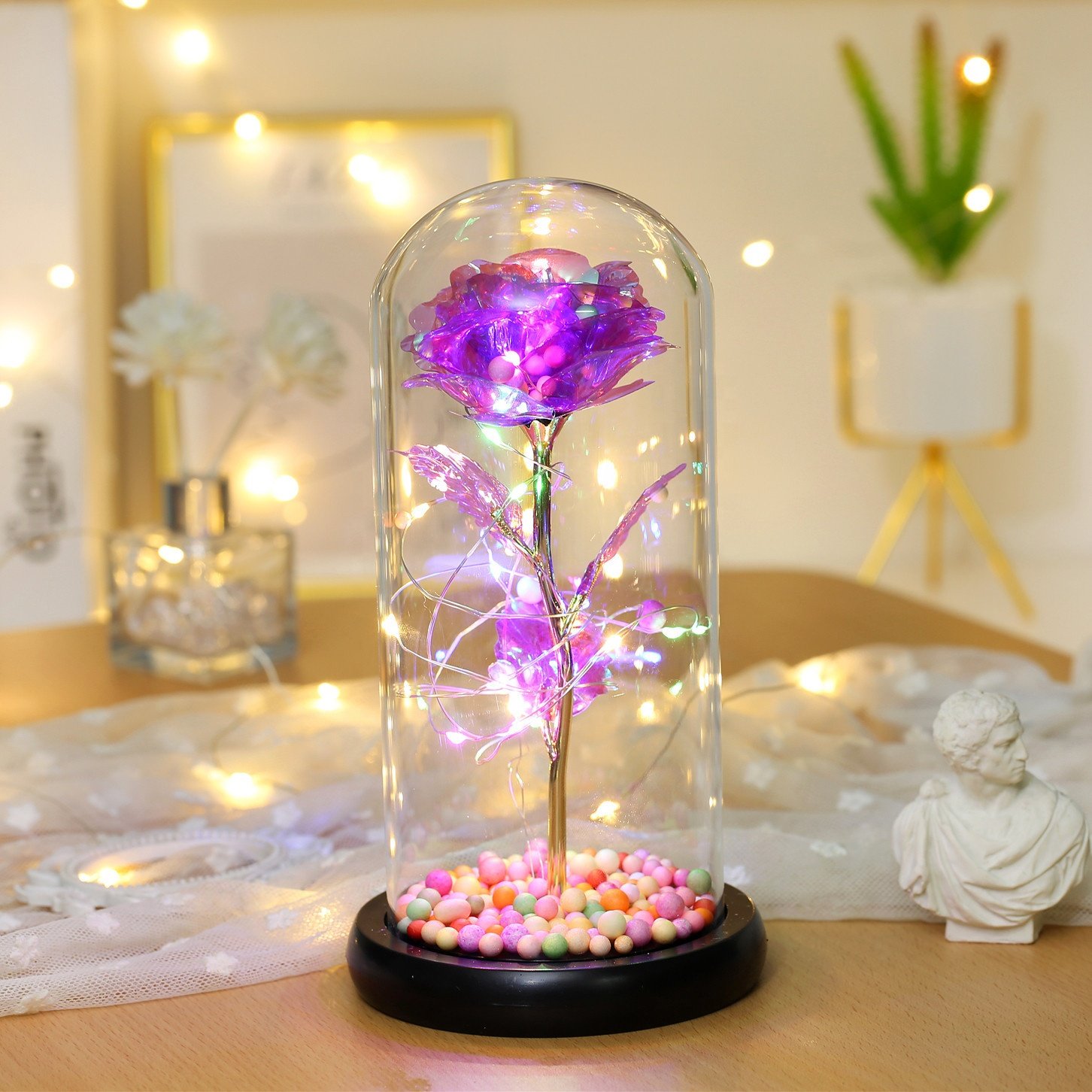 Artificial Valentine's Day Gifts enchanted Golden Rose Led Lamp 24k Gold Foil Rose in Glass Dome Decorative Flowers With lights
