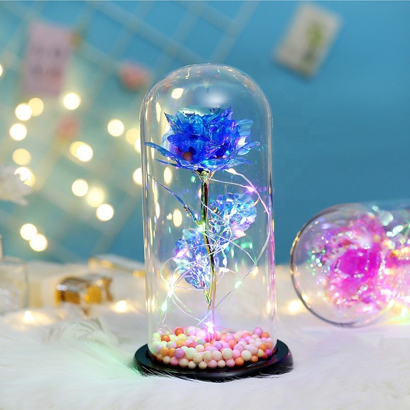 Artificial Valentine's Day Gifts enchanted Golden Rose Led Lamp 24k Gold Foil Rose in Glass Dome Decorative Flowers With lights