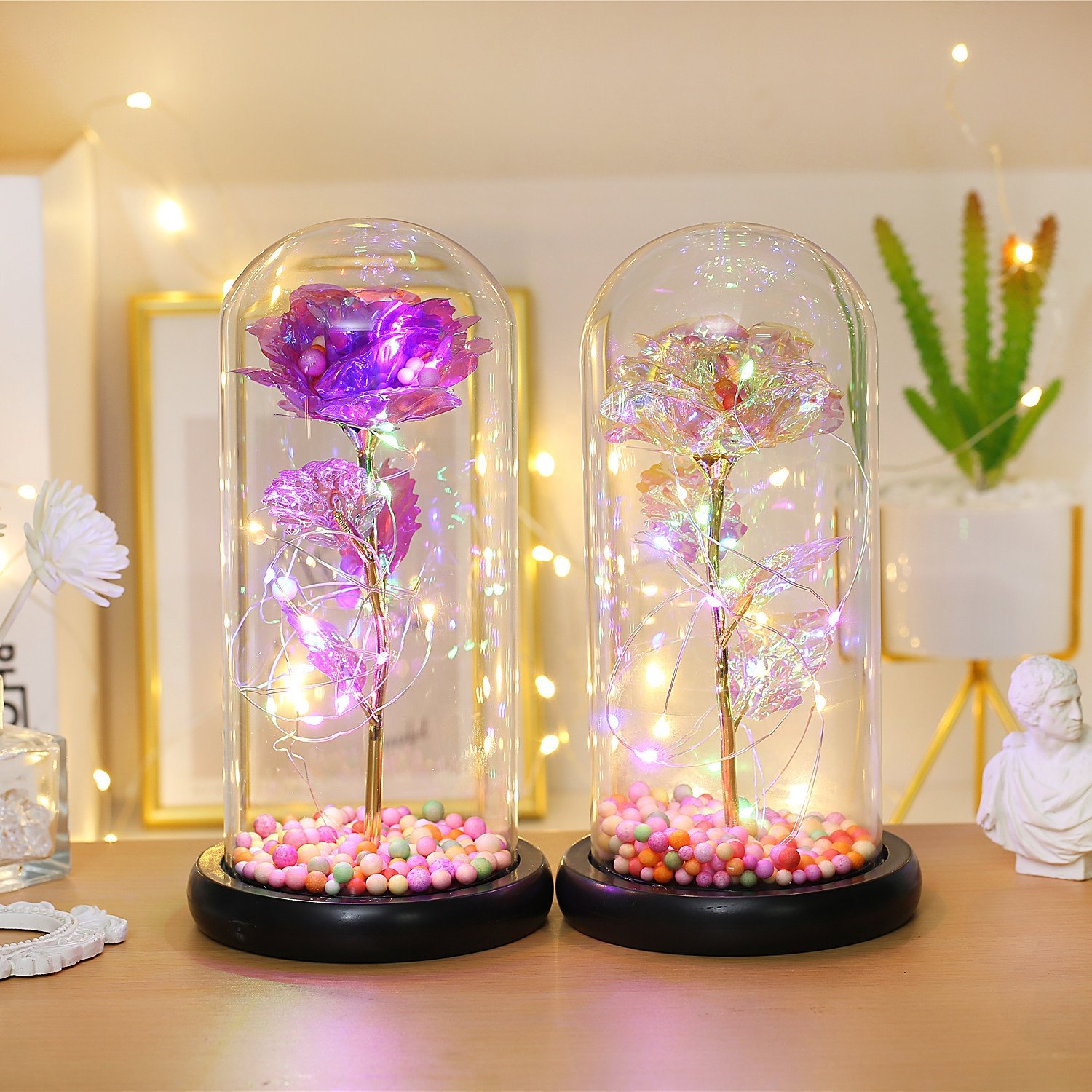 Artificial Valentine's Day Gifts enchanted Golden Rose Led Lamp 24k Gold Foil Rose in Glass Dome Decorative Flowers With lights