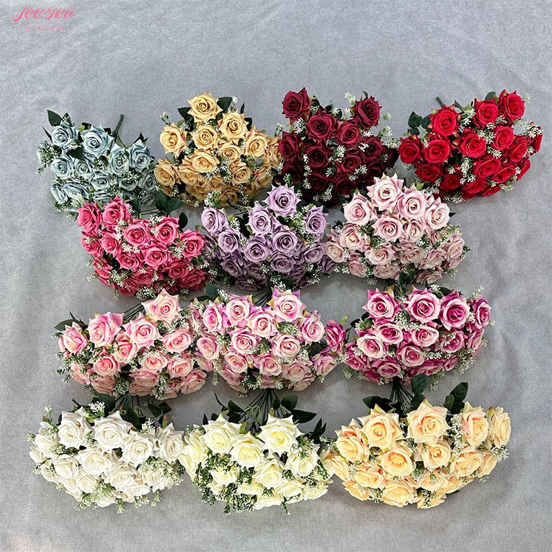 New Design High Quality 18 Head Rose Bouquet Silk Flower Wedding Bride bridesmaid Bouquet Home Interior Vase DIY Decoration.