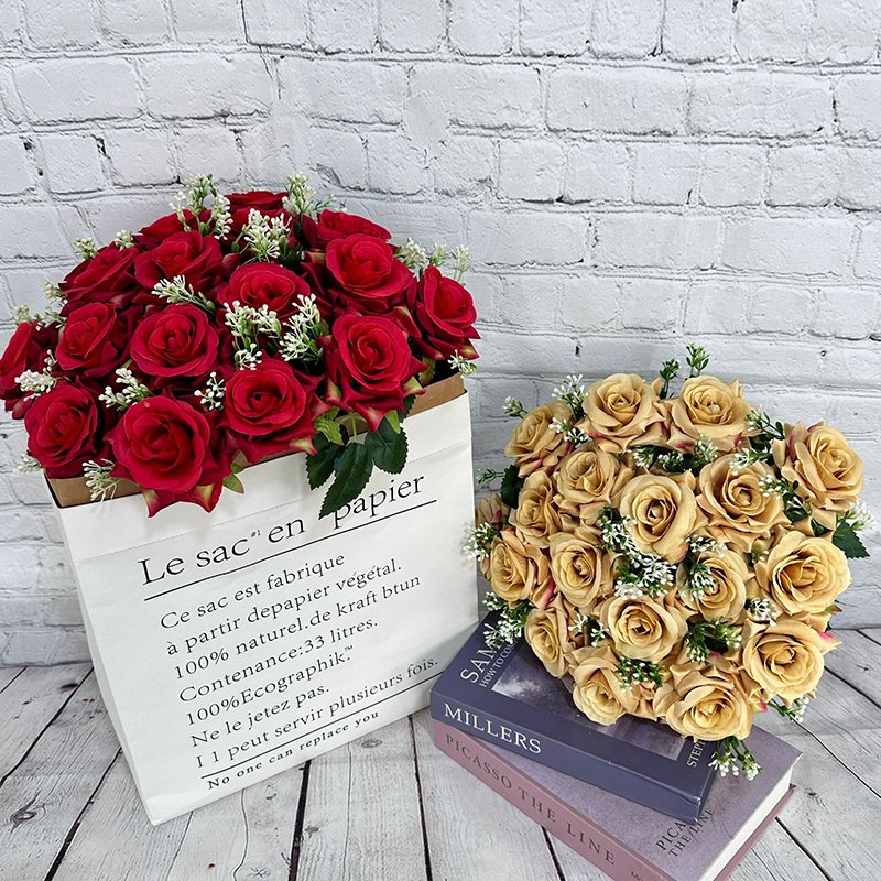 New Design High Quality 18 Head Rose Bouquet Silk Flower Wedding Bride bridesmaid Bouquet Home Interior Vase DIY Decoration.