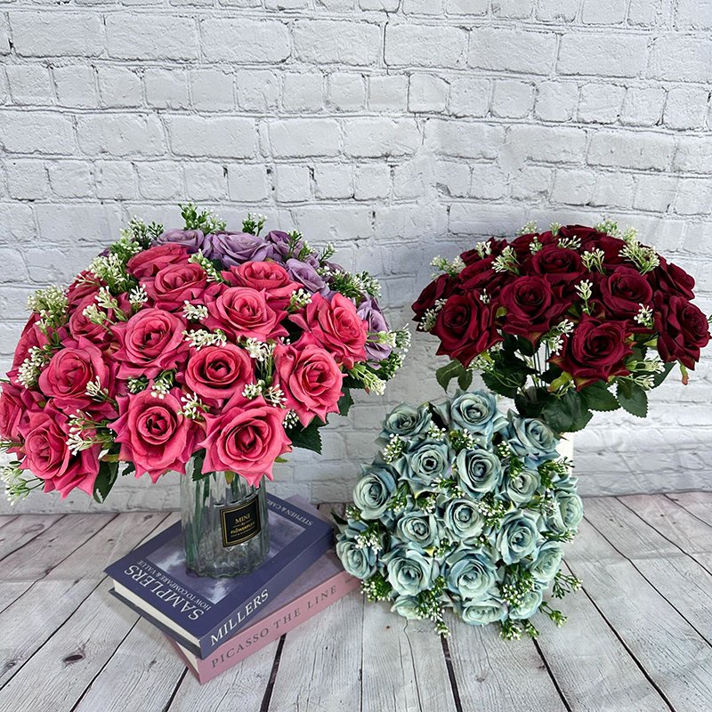 New Design High Quality 18 Head Rose Bouquet Silk Flower Wedding Bride bridesmaid Bouquet Home Interior Vase DIY Decoration.